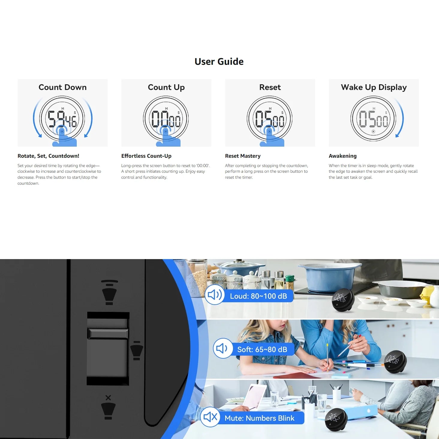 Digital Kitchen Timer, 2 Pack Magnetic Timer with Large LED Display Screen, 3 Vo