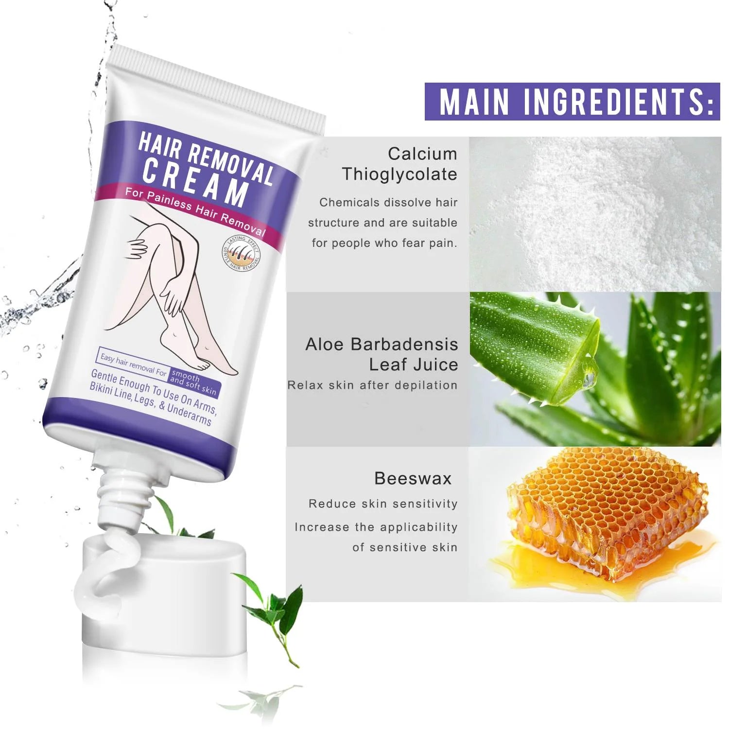 Aliver Hair Removal Cream for Underarms, Intimate Areas, Arms & Legs, Moisturizing with Aloe Vera, 1.76 Oz