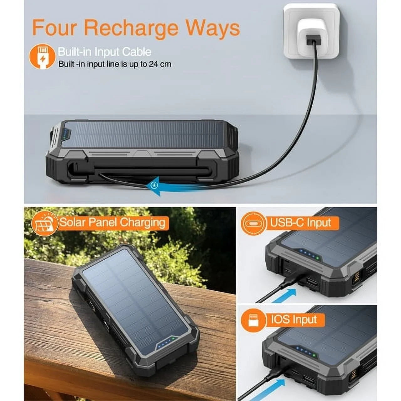 42800Mah Solar Charger Power Bank 15W Fast Charging Portable Charger with 4 Cables, USB Battery Pack Compatible with Iphone & Android Cell Phone