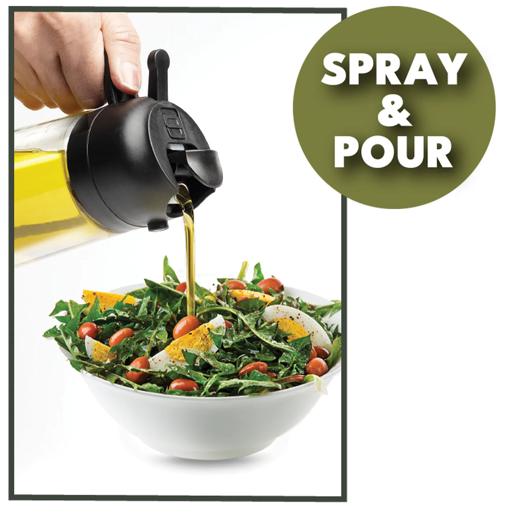 2-In-1 Oil Spray & Pour Dispenser, Leakproof and Refillable Glass Bottle for Coo