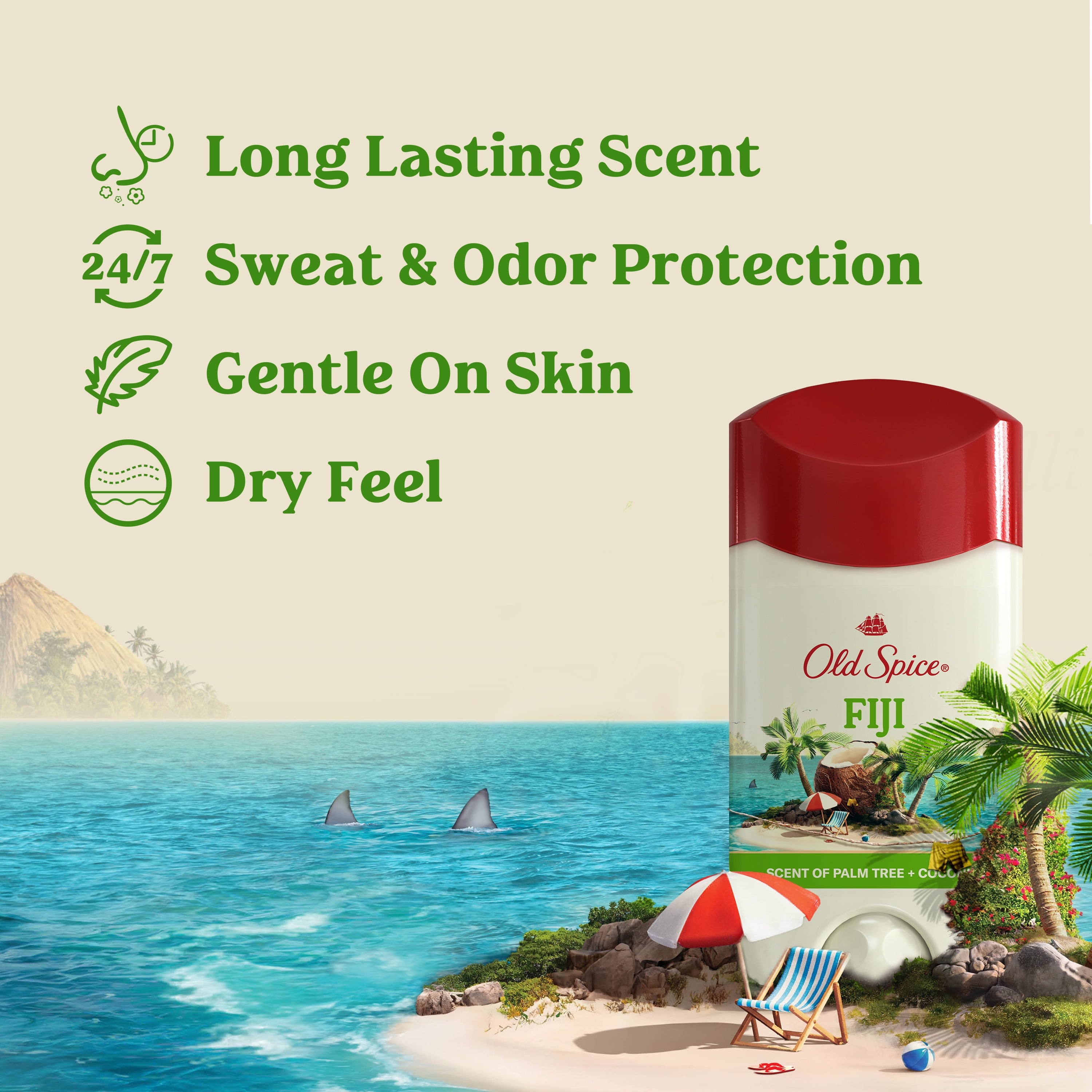 Antiperspirant Deodorant for Men in Fiji with Palm Tree, Triple Pack, 24/7 Lasting Freshness and Sweat Protection, 3X2.6Oz