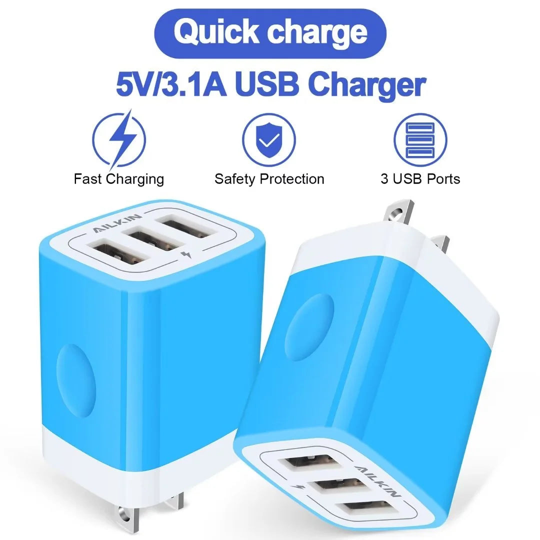 AILKIN Type C Charger Block Fast Charging,Usb Charger Block with 3PACK Usb a to Usb C Cable 6Ft 3.1A Multi Three Port USB Wall Charger Block Adapter Plug High Speed Phone Android Charger Cord Type C