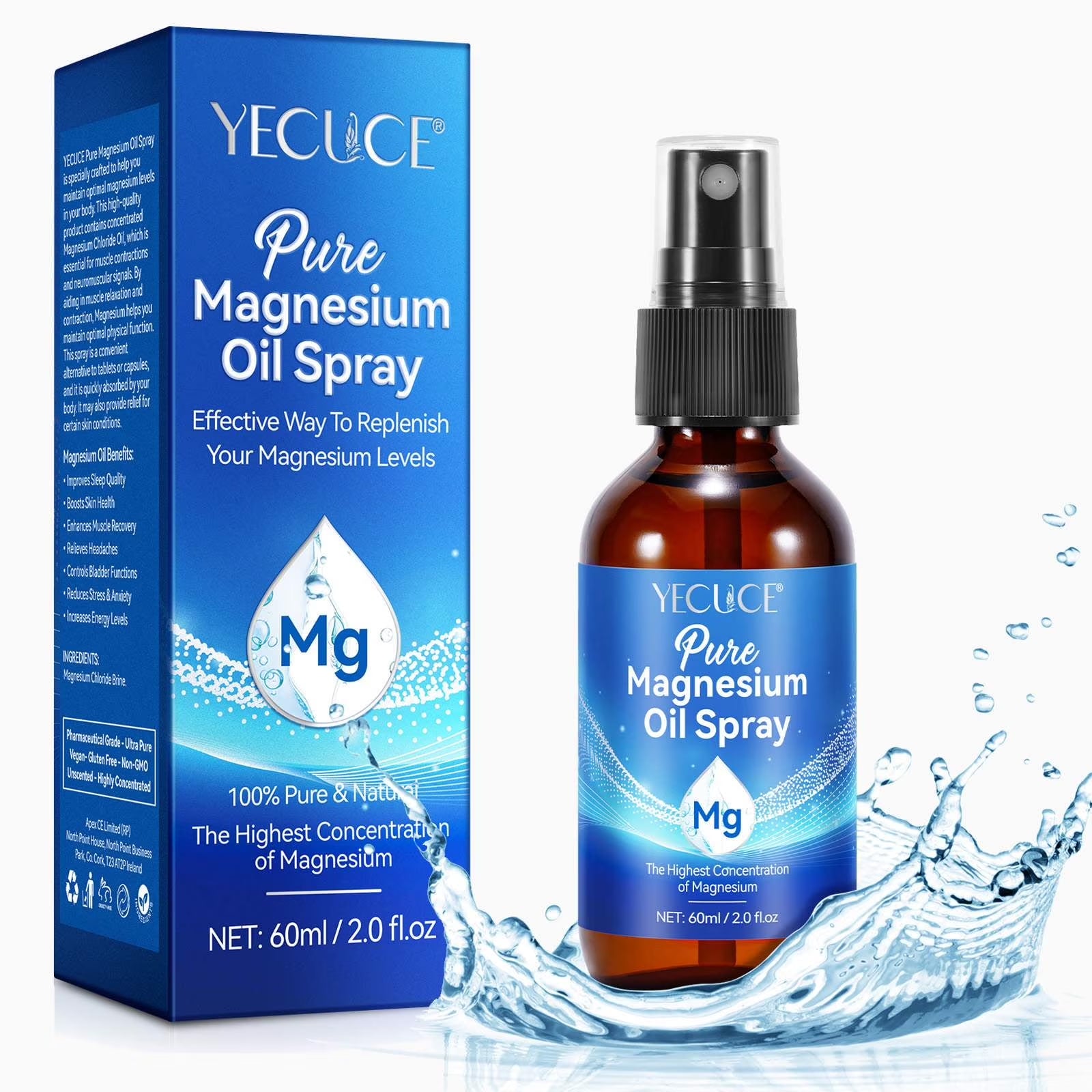 100% Pure & Natural Magnesium Oil Spray, Highly Concentrated Magnesium Oil, Enhances Sleep Quality & Promotes Muscle Relaxation, Easy to Absorb, 60Ml