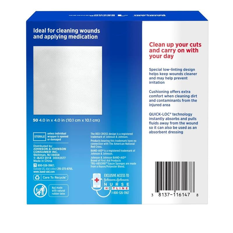 Band Aid Brand First Aid Tru-Absorb Gauze Sponges, 4 in X 4 In, 50 Ct