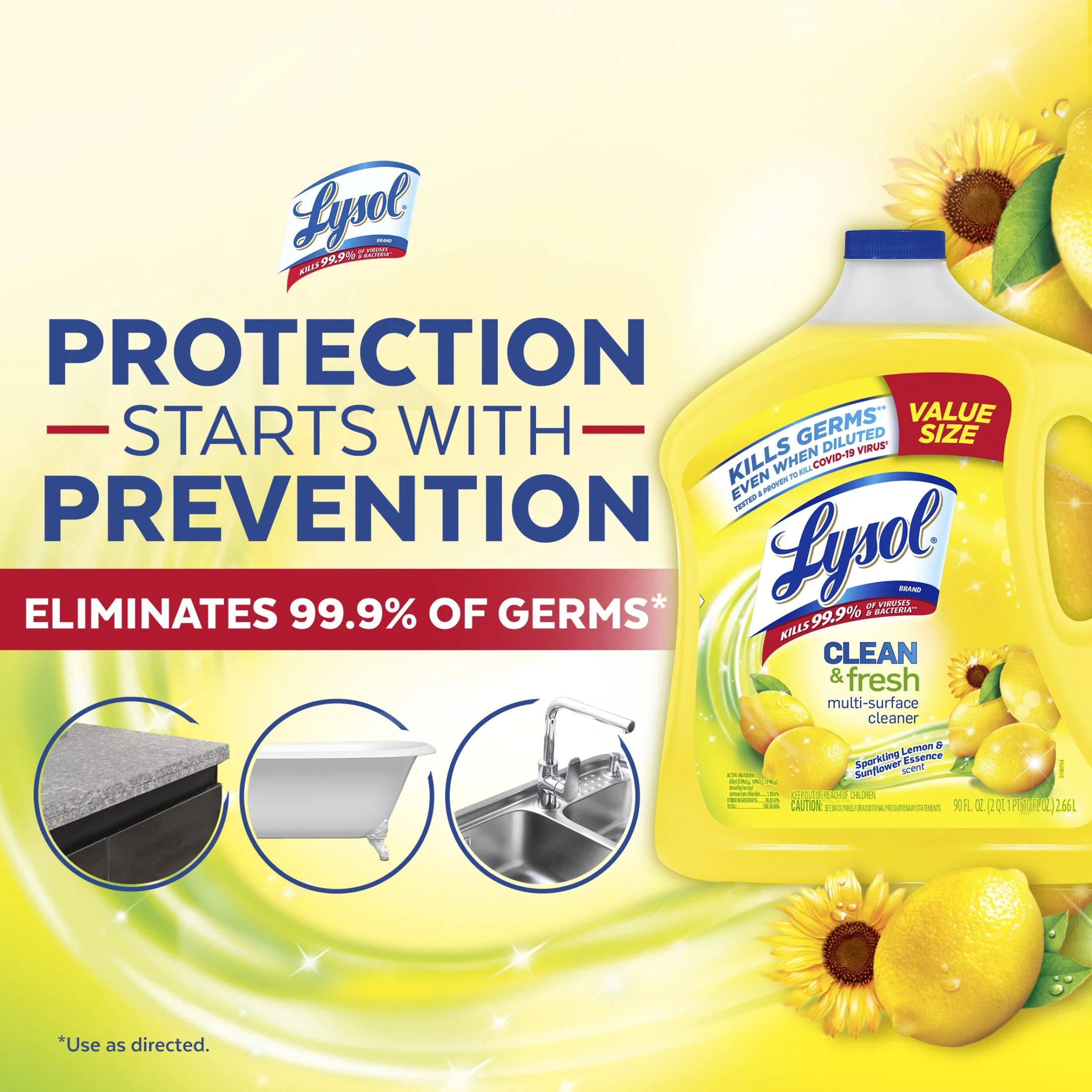 Lysol, Multi-Surface Cleaner, Clean & Fresh, Value Size, Sparkling Lemon and Sunflower Essence, 90 Fl Oz