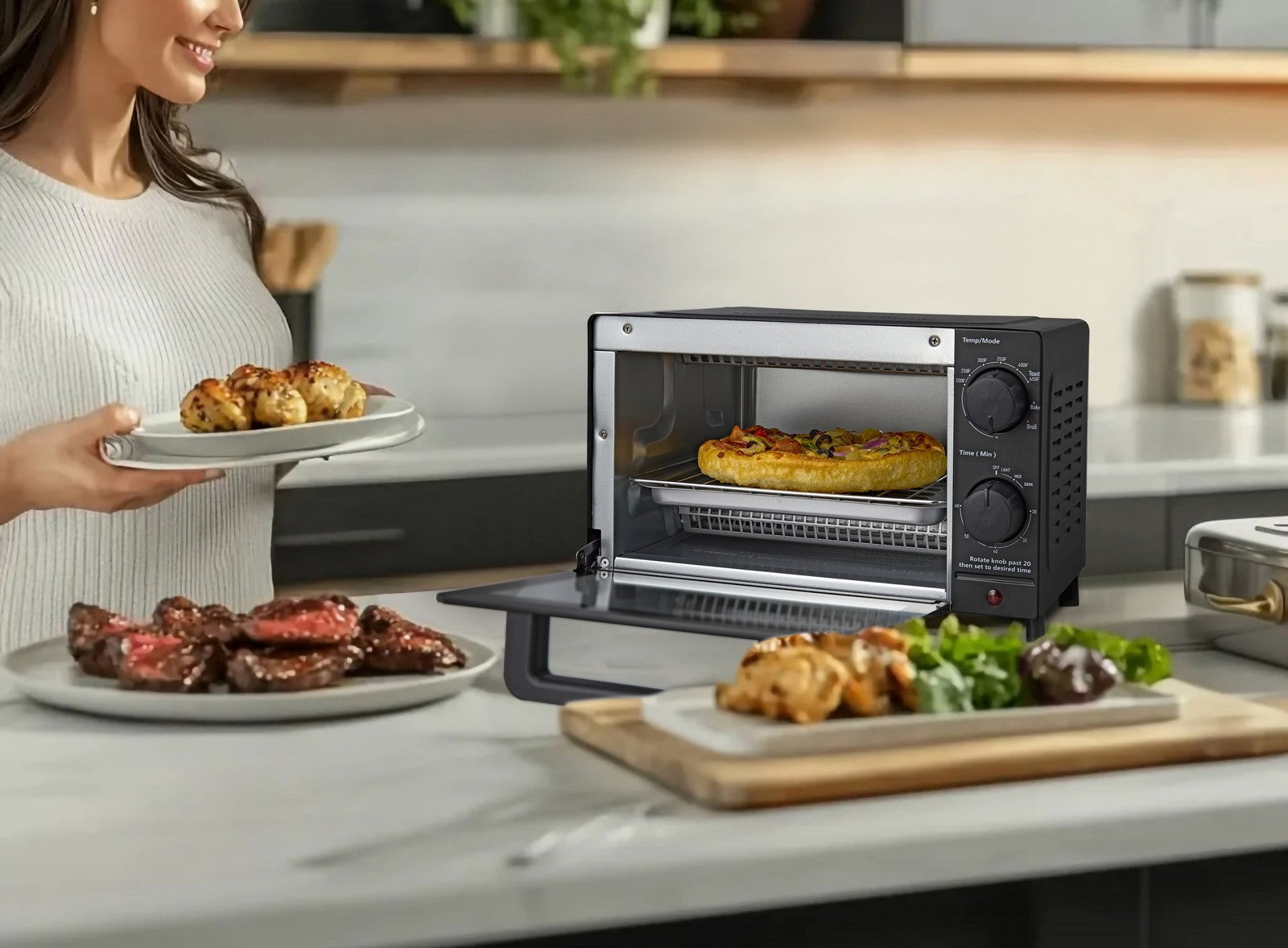 4 Slice Toaster Oven with 3 Settings, Includes Baking Rack and Pan, Black, New