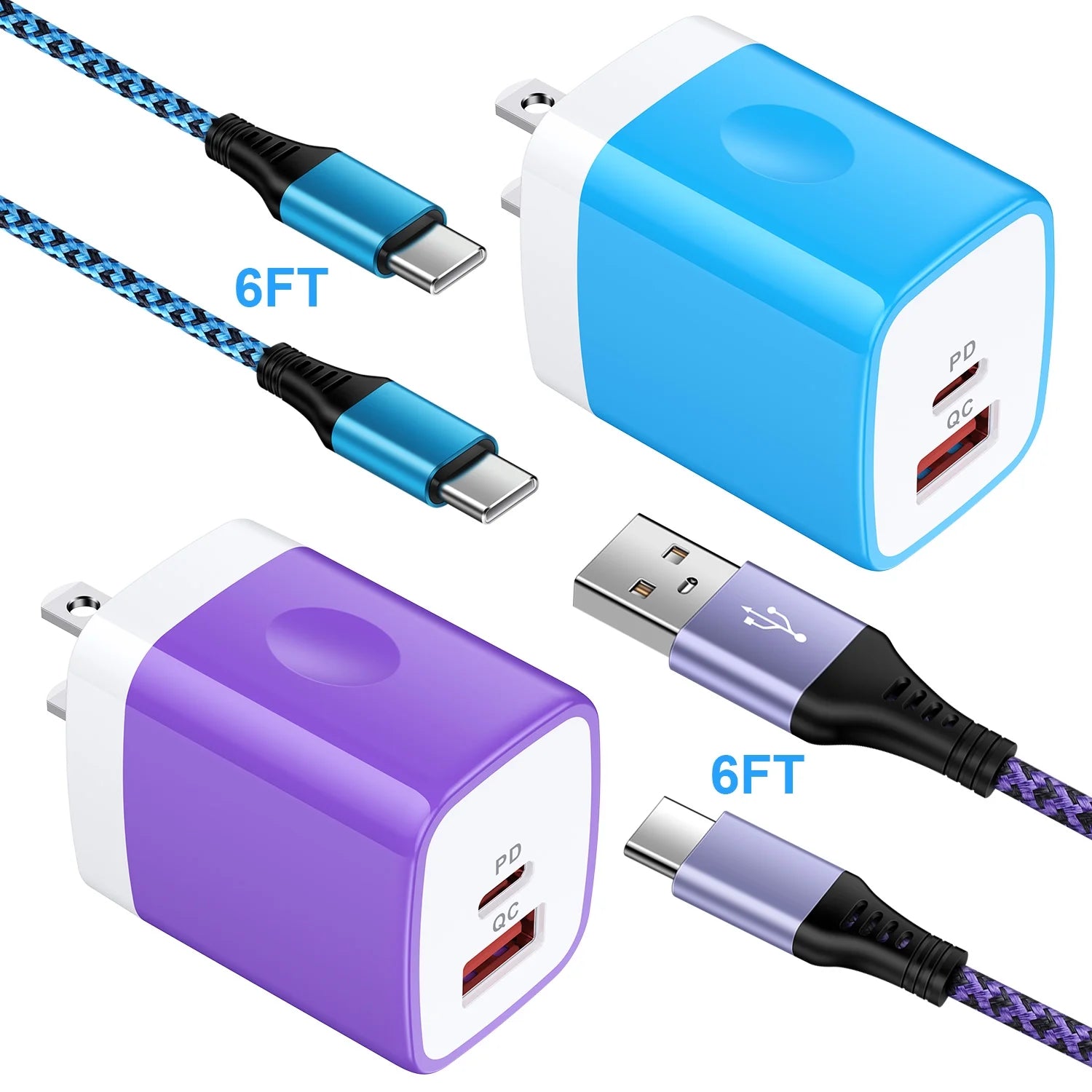 Usb C Fast Charger Block,Hopepow 2PACK Type C Charger Fast Charging PD 20W QC3.0 Super Fast Android Phone Charger Block Usb C with 2PACK 6Ft USB C Charger Cable for Samsung（Purple+Blue）