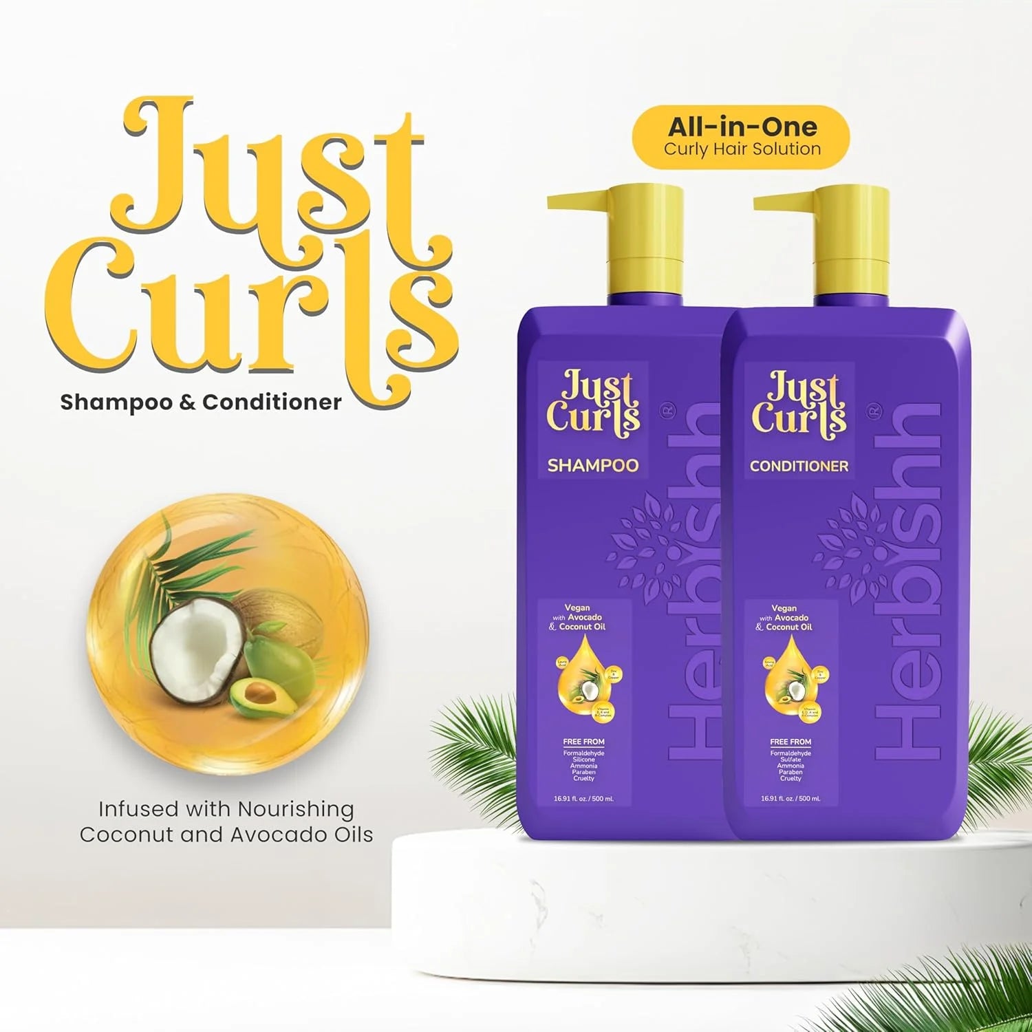 (2 Pack)  Just Curls Coconut & Avocado Oil Infused Curly Hair Shampoo and Conditioner Set, Sulfate-Free Vegan Kit for Curly Hair Care Women & Men Wavy, Curly Hair Products for Nourished Smooth Hair