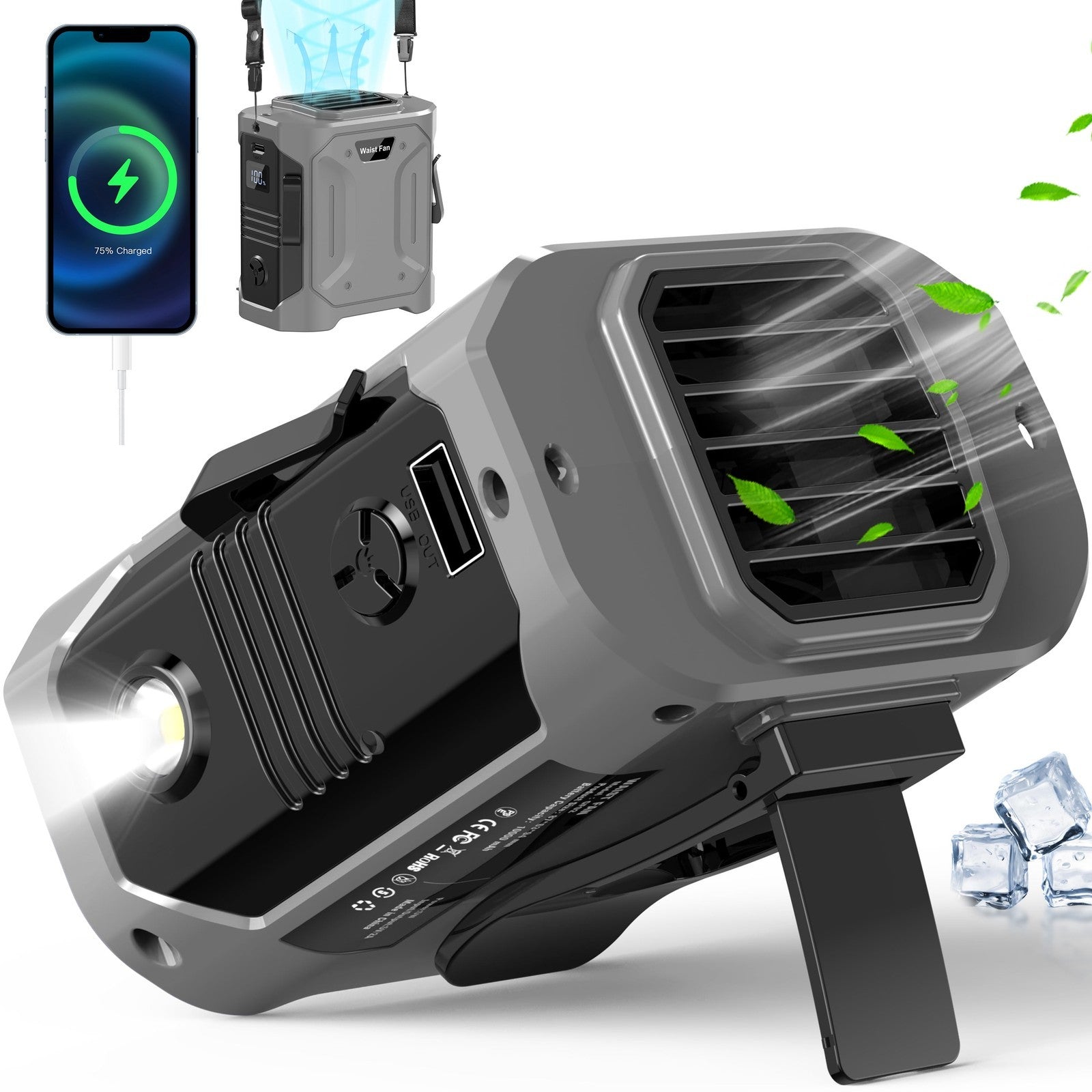 8000Mah Portable Waist Fan Clip with LED Display & SOS Flashlight, 5-Speed Hands