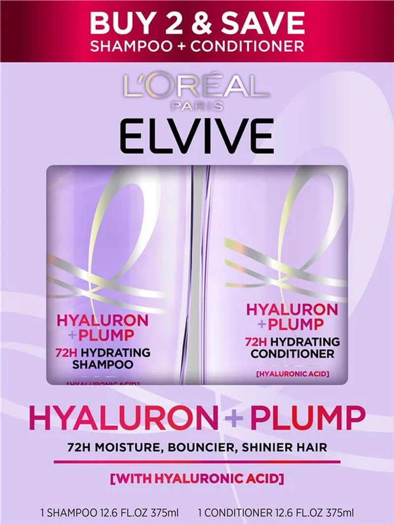 L'Oreal Paris Elvive Hyaluron Plump Hydrating Shampoo & Conditioner Set, Fresh, 25.2 Fl Oz