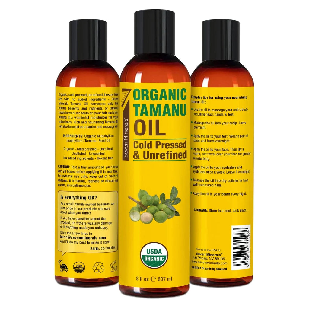 Seven Minerals USDA Organic Tamanu Oil - Big 8Oz - Cold Pressed for Skin, Face, Hair, & Nails