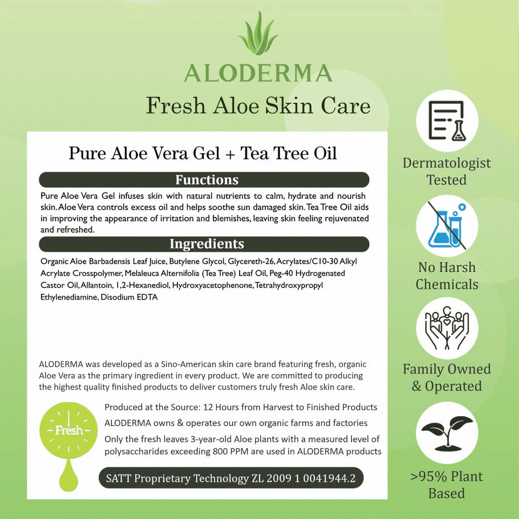 Aloderma 90% Pure Organic Aloe Vera Gel with Tea Tree Oil - Pure Aloe Vera Gel for Face - Natural Aloe Vera Gel for Sunburn Treatment, Acne, Aftershave, after Waxing - Aloe Vera Moisturizer for Face