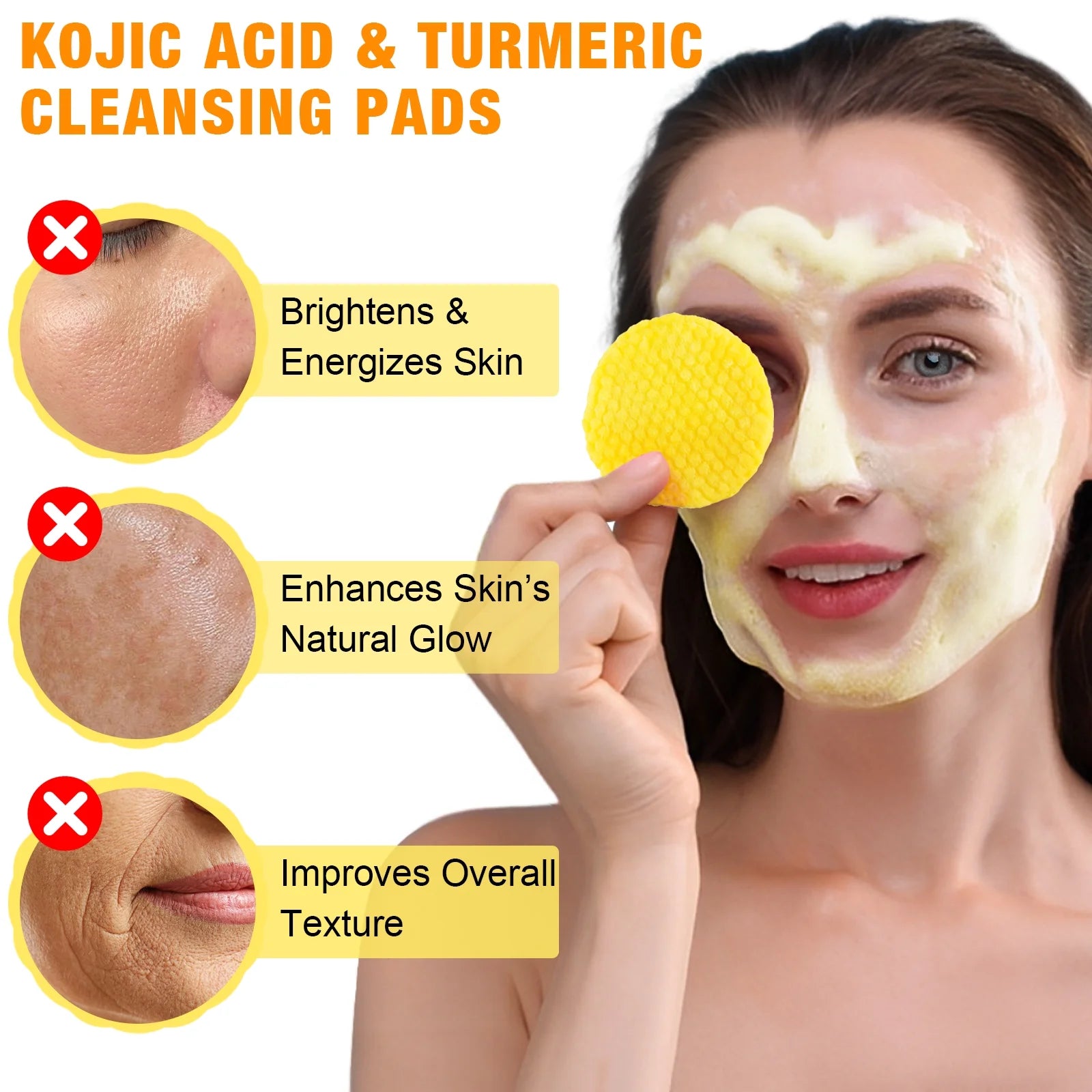 50 Pads Kojic Acid & Turmeric Cleansing Pads-Cleanses Pores, Exfoliates, Removes Dirt and Makeup, Facial Cleansing Pads for Women & Men