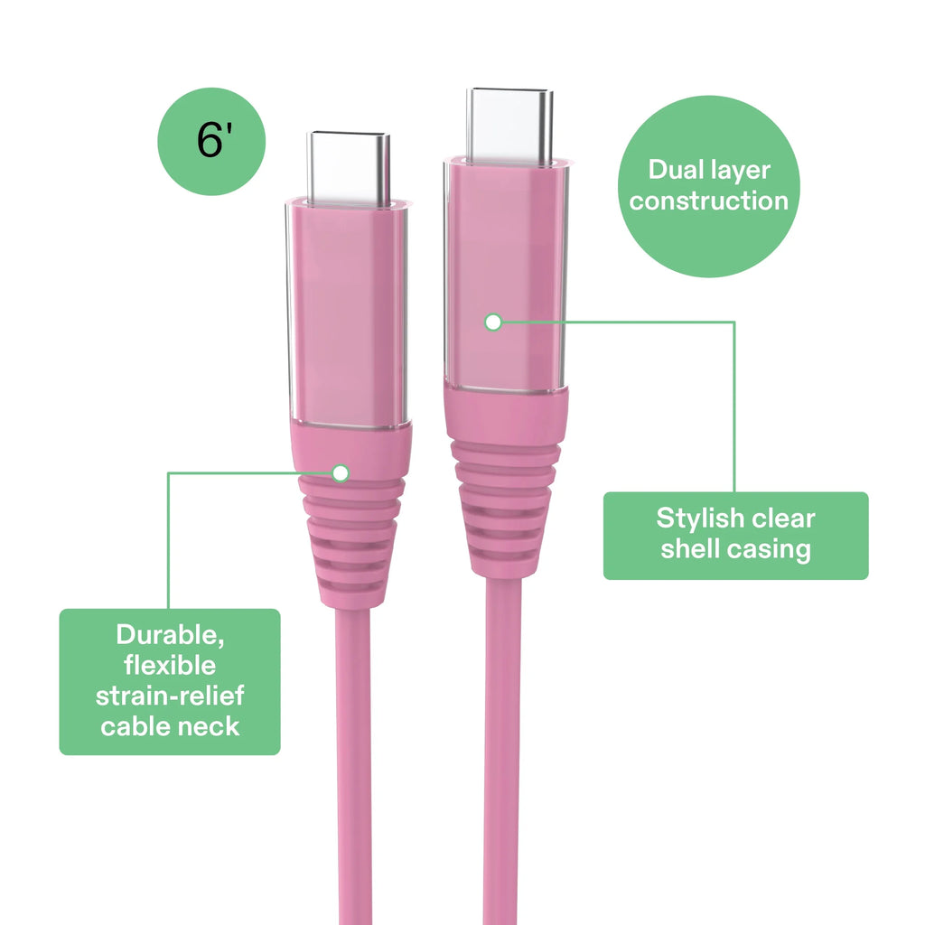 Onn 6Ft USB-C to USB-C Charging Cable, Fast Charging, USB-IF Certified, Pink - Compatible with Iphone 16 Series, Iphone 15 Series, Samsung Galaxy, Note, Pixel Devices Ipad Pro, & More