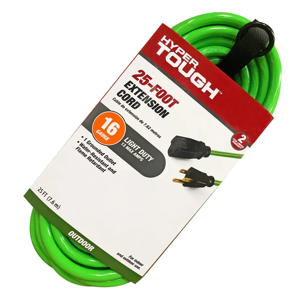 25FT 16AWG 3 Prong Hi-Vis Green Single Outlet Outdoor Extension Cord, 125V, 13A