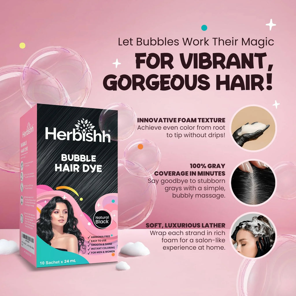 3-In-1 Bubble Foam Hair Dye Shampoo, Black, 10 Sachets X 24Ml, Ammonia-Free, Long-Lasting Color for Men & Women