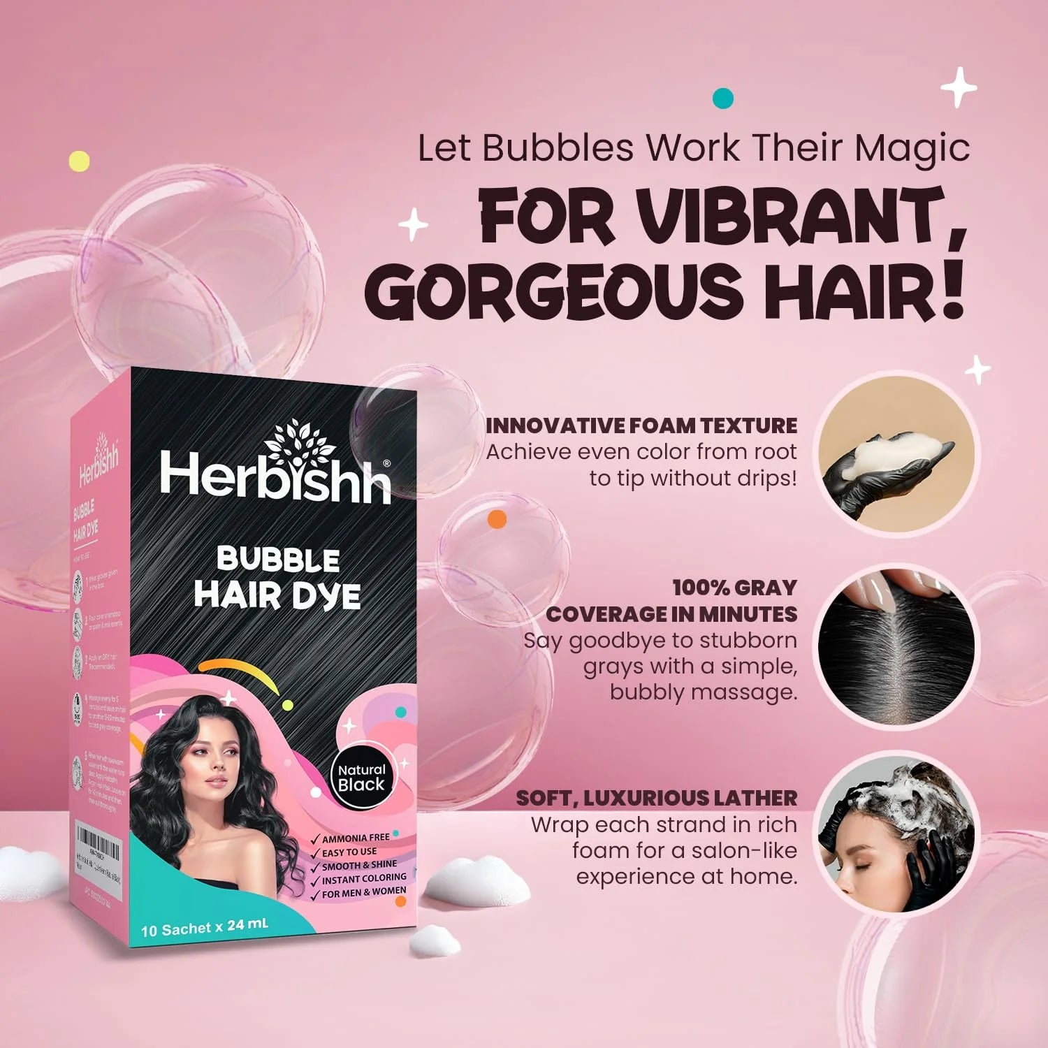 3-In-1 Bubble Foam Hair Dye Shampoo, Black, 10 Sachets X 24Ml, Ammonia-Free, Long-Lasting Color for Men & Women