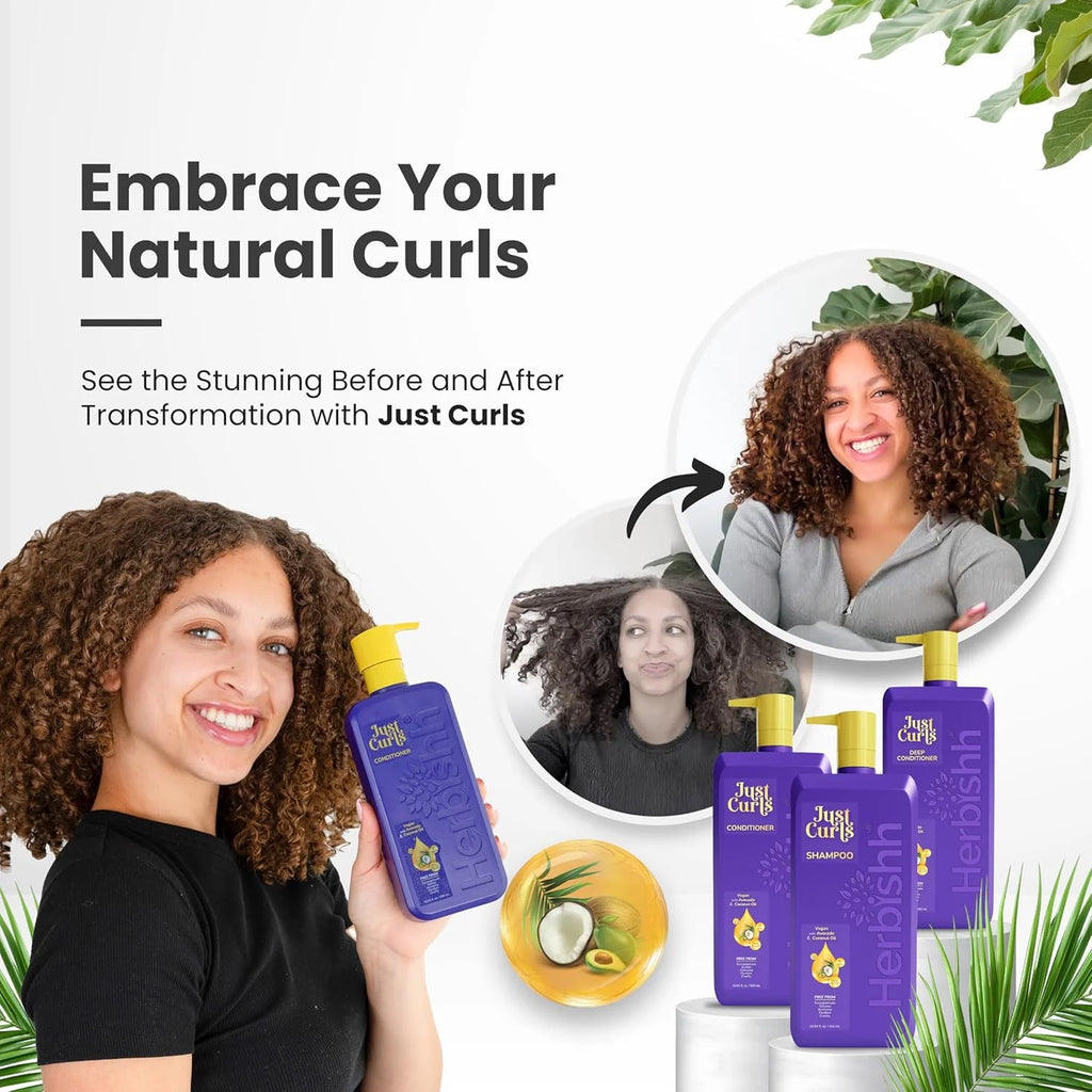 (2 Pack)  Just Curls Coconut & Avocado Oil Infused Curly Hair Shampoo and Conditioner Set, Sulfate-Free Vegan Kit for Curly Hair Care Women & Men Wavy, Curly Hair Products for Nourished Smooth Hair