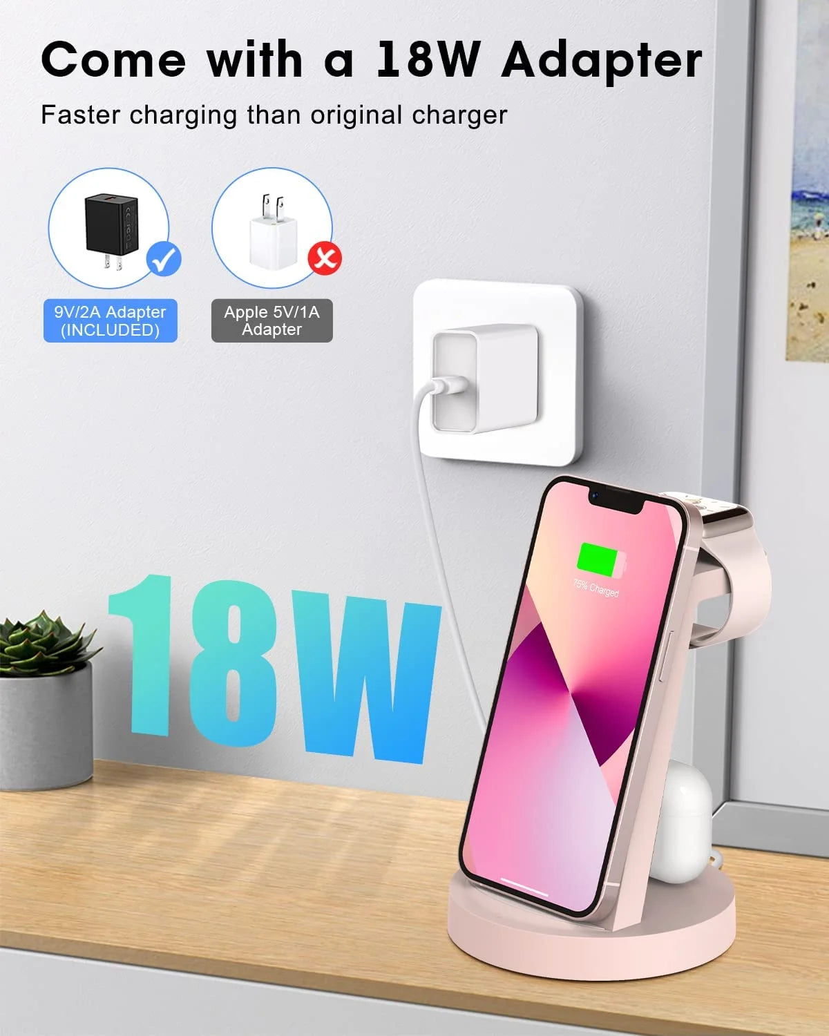 ETEPEHI Wireless Charging Station: 3 in 1 Wireless Charger Compatible for Iphone Iwatch Airpods -Pink