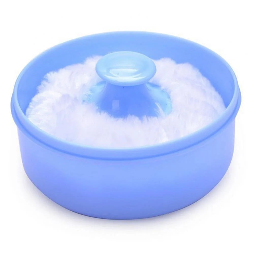 Baby Infant After-Bath Body Powder Case Fluffy Talcum Powder Puff Container Box (Blue)