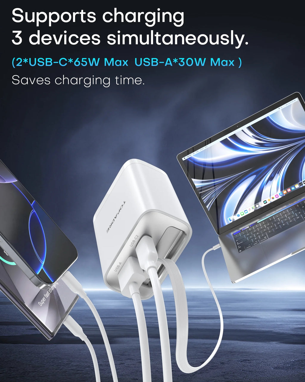 65W Gan Charger with Built-In 3.5Ft Retractable Cable, 3-Port PD Fast Charging Compatible with Iphone/Samsung Series -White