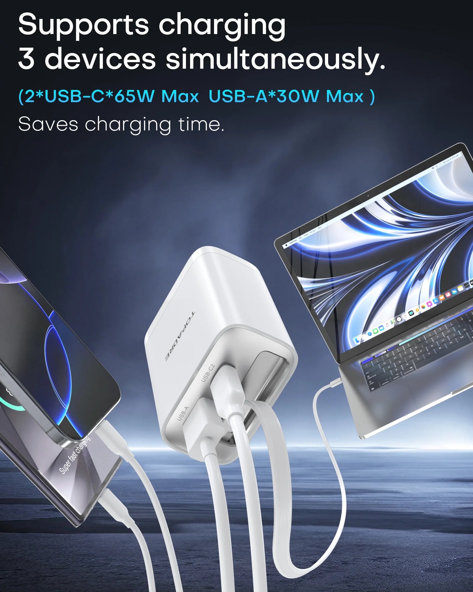 65W Gan Charger with Built-In 3.5Ft Retractable Cable, 3-Port PD Fast Charging Compatible with Iphone/Samsung Series -White