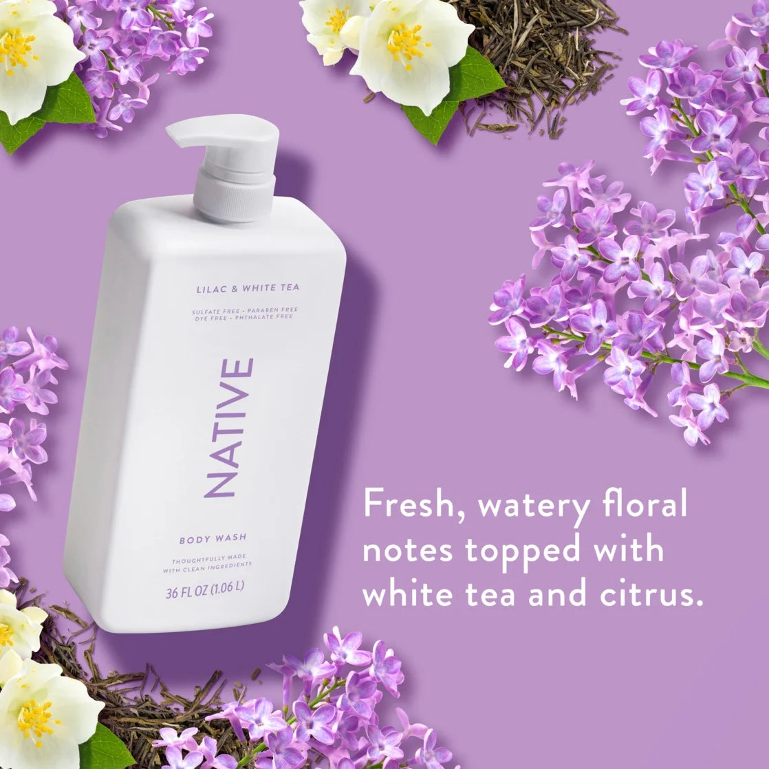 Native Body Wash, Sulfate Free, Lilac & White Tea, for Women and Men, 36 Oz