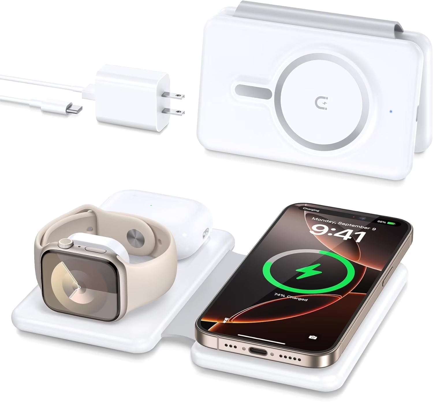 Magnetic Wireless Charger Compatible for Iphone: ETEPEHI Foldable 3 in 1 Fast Charging Compatible for Iphone, Charging Pad for Iwatch Series & Airpods