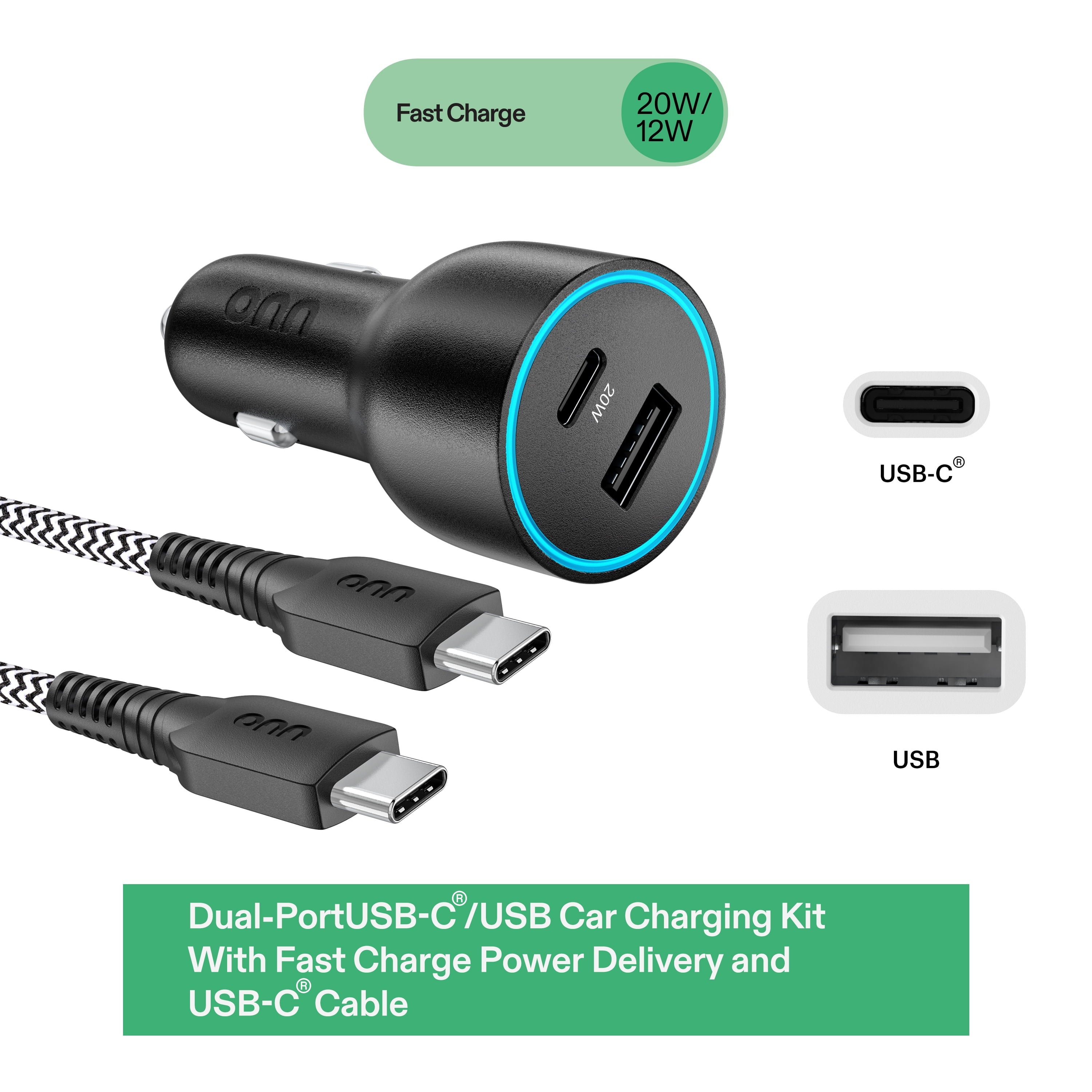 Onn 32W Dual USB-C and USB-A Port Car Charger with 3Ft C-C Cable ,USB-IF Certified, Black - Compatible with Iphone 17/16/15 Series, Samsung Galaxy, Note, Pixel Devices Ipad Pro, & More