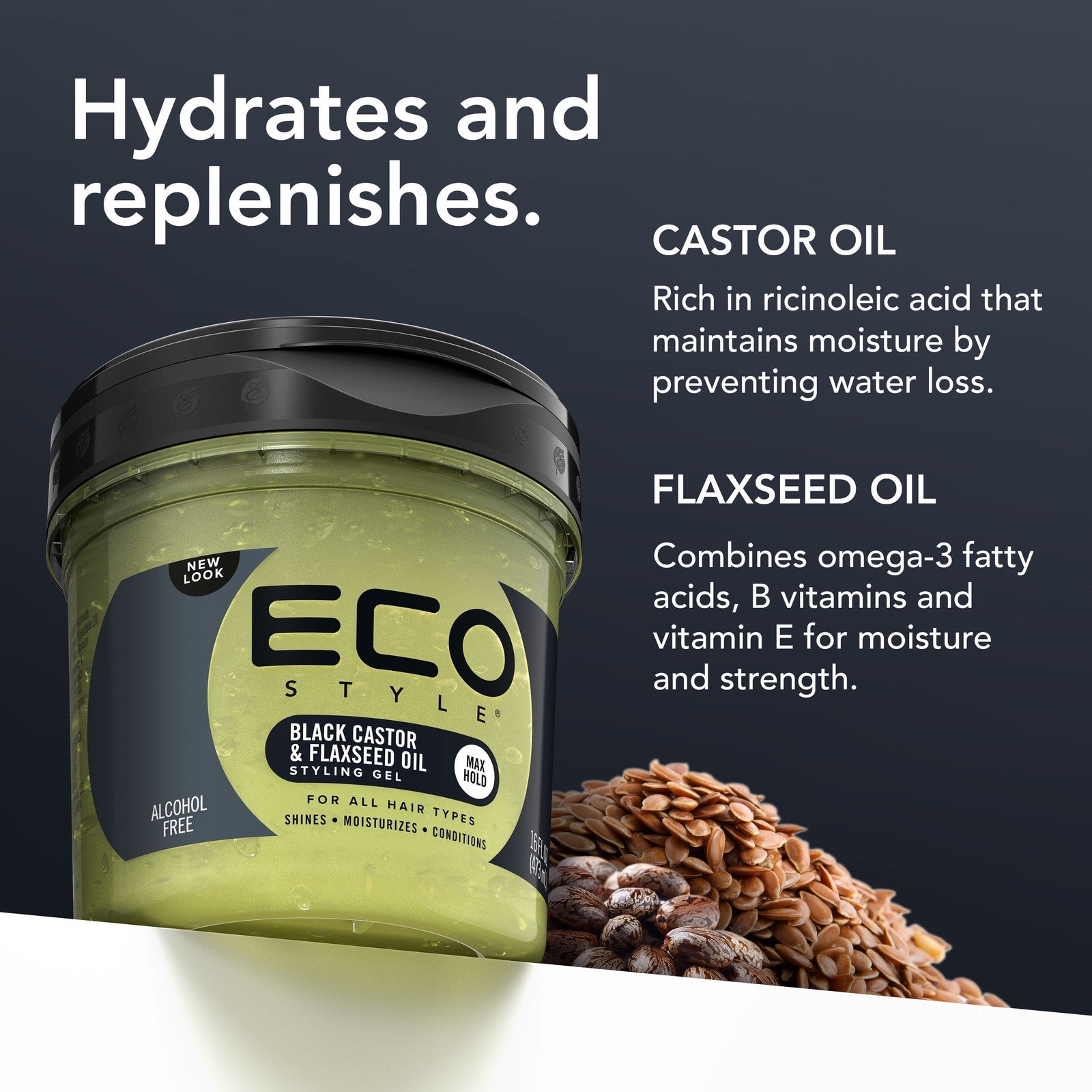 Eco Style Black Castor & Flaxseed Oil Hair Styling Gel, 32 Oz., Moisturizing, Un