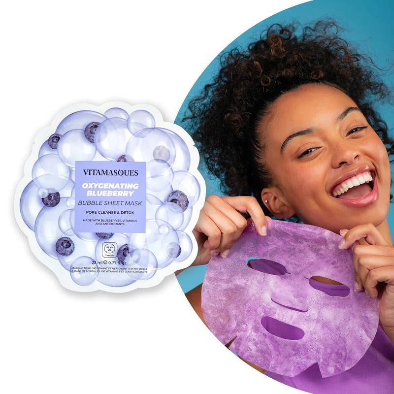 Blueberry Oxygenating Bubble Face Mask, Pore Cleanse and Detox, One Sheet Mask