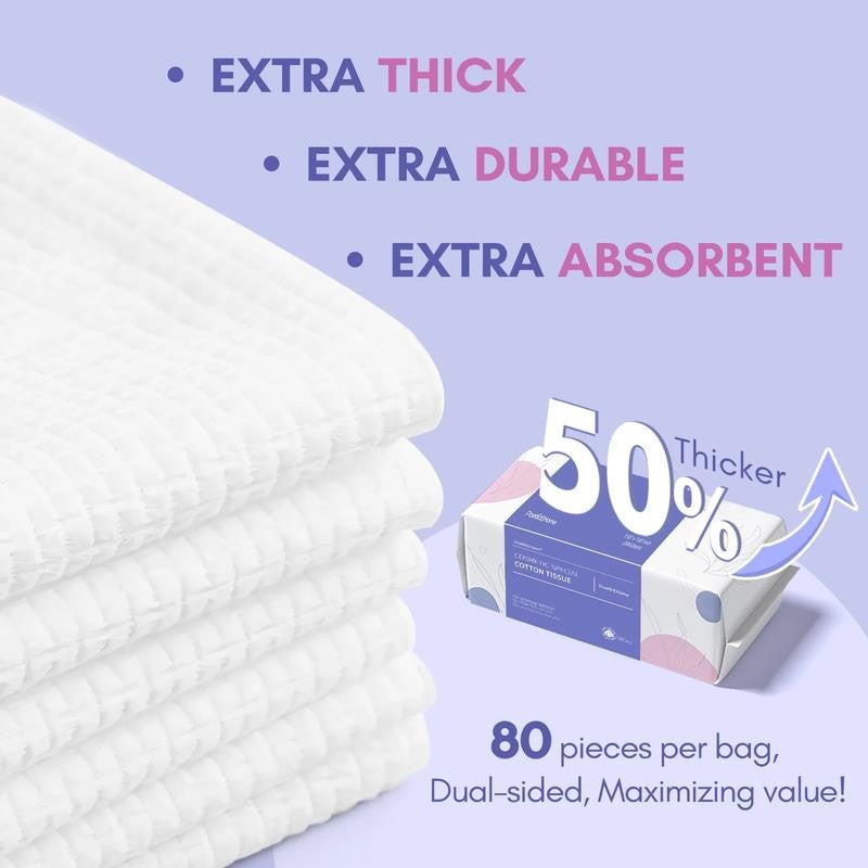 Cotton Face Dry Wipes 80Pcs - Extra Thick Disposable Cleansing Towel, Facial Cle