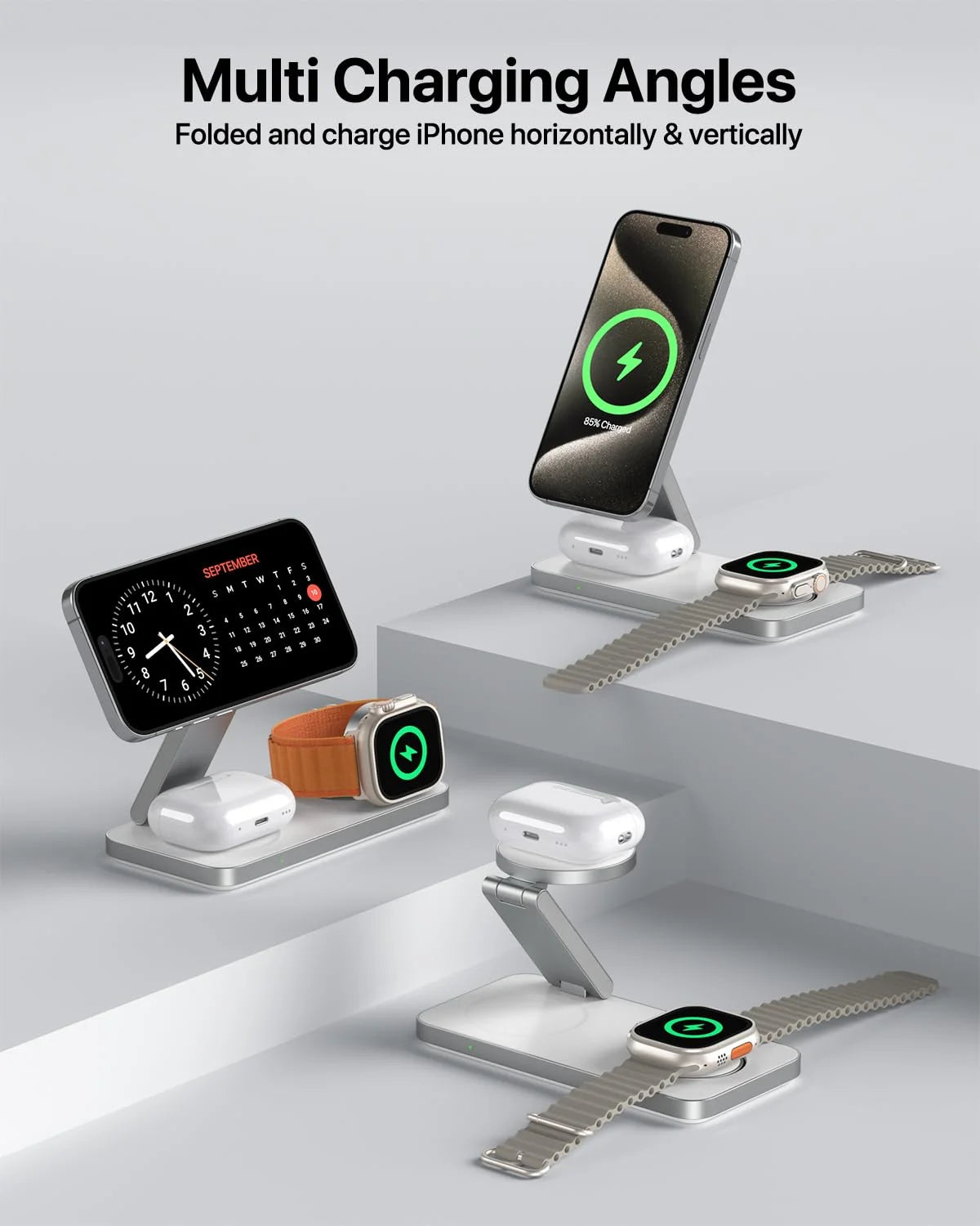 3-In-1 Magnetic Foldable Wireless Charging Station - Fast Charging Compatible with Magsafe (Iphone 16/15/14/13/12), Apple Watch 4 5 6 7 8 9 10 Se/Ultra & Airpods Pro/4/3/2