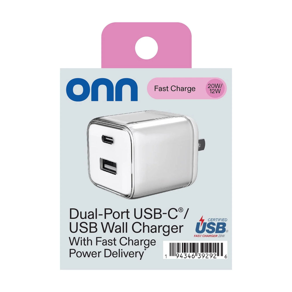 Onn 32W Dual-Port USB-C & USB-A Wall Charger, Fast Charging, USB-IF Certified, Foldable Plug, White – Compatible with Iphone, Ipad, Airpods, Samsung Galaxy, Note, Pixel & More