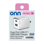 Onn 32W Dual-Port USB-C & USB-A Wall Charger, Fast Charging, USB-IF Certified, Foldable Plug, White – Compatible with Iphone, Ipad, Airpods, Samsung Galaxy, Note, Pixel & More