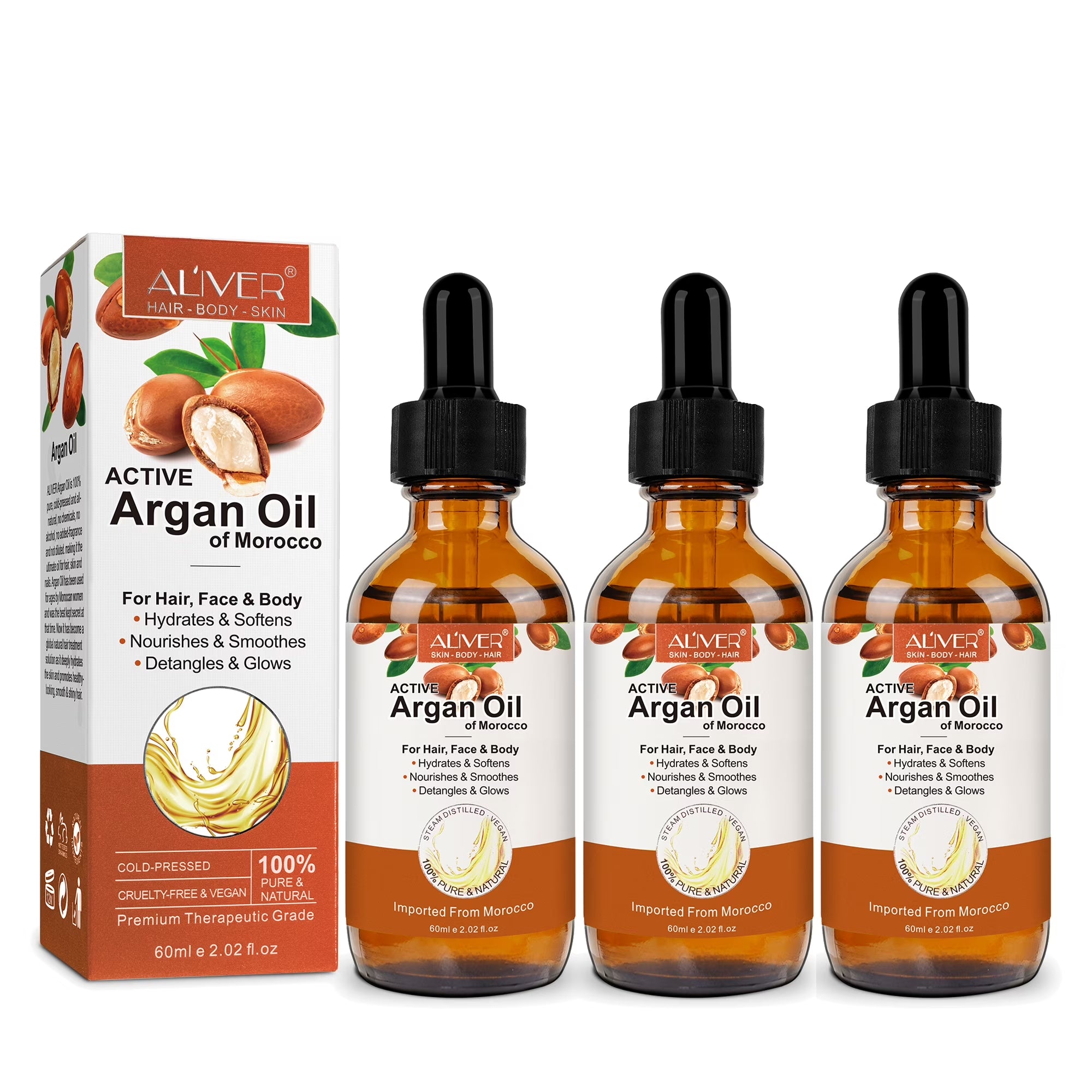 Argan Oil for Hair, Face & Skin from Morocco, Deep Hydration, Nourishes & Smoothes, 100% Pure & Natural, Cold Pressed, Cruelty Free, 2.02 Fl Oz (3Pack)