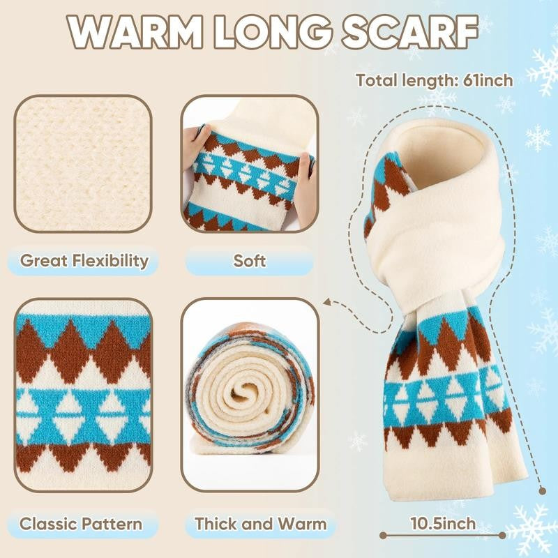 3 PCS Winter Hat Scarf Gloves Set, Long Scarf Neck Warmer Beanie with Pom Pom To