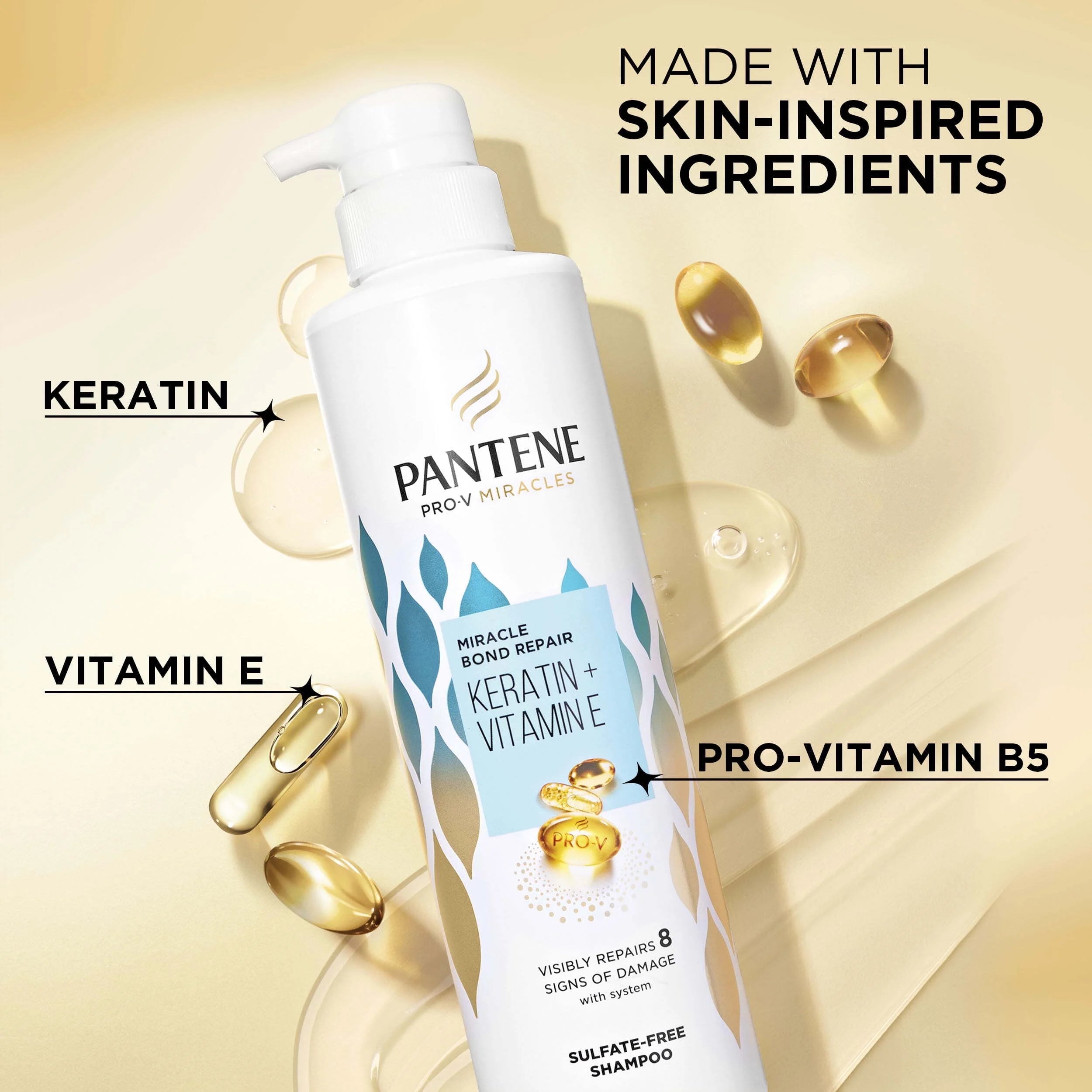 Pantene Sulfate-Free Pro-V Miracles Bond Repair Keratin + Vitamin E Shampoo, 13.5Oz and Miracle Rescue Deep Repair Conditioner, 8Oz, for All Hair Types