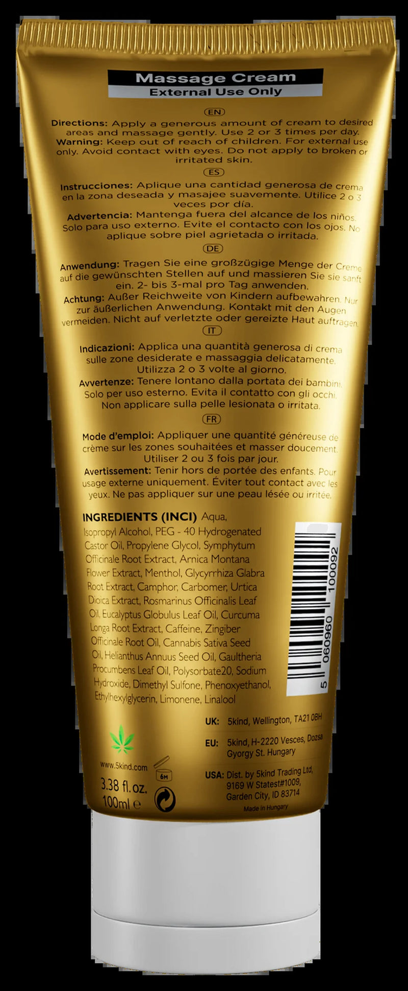 5Kind Extra Strong Hemp Cream 3.38 Fl Oz - High Strength Hemp Formula for Neck,