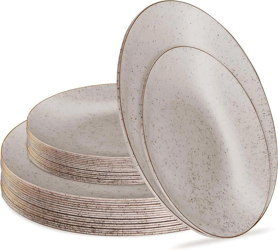 Elegant Plastic Dinner Plates Granite Gray Gold Rim Plastic Silverware, 32 Pack