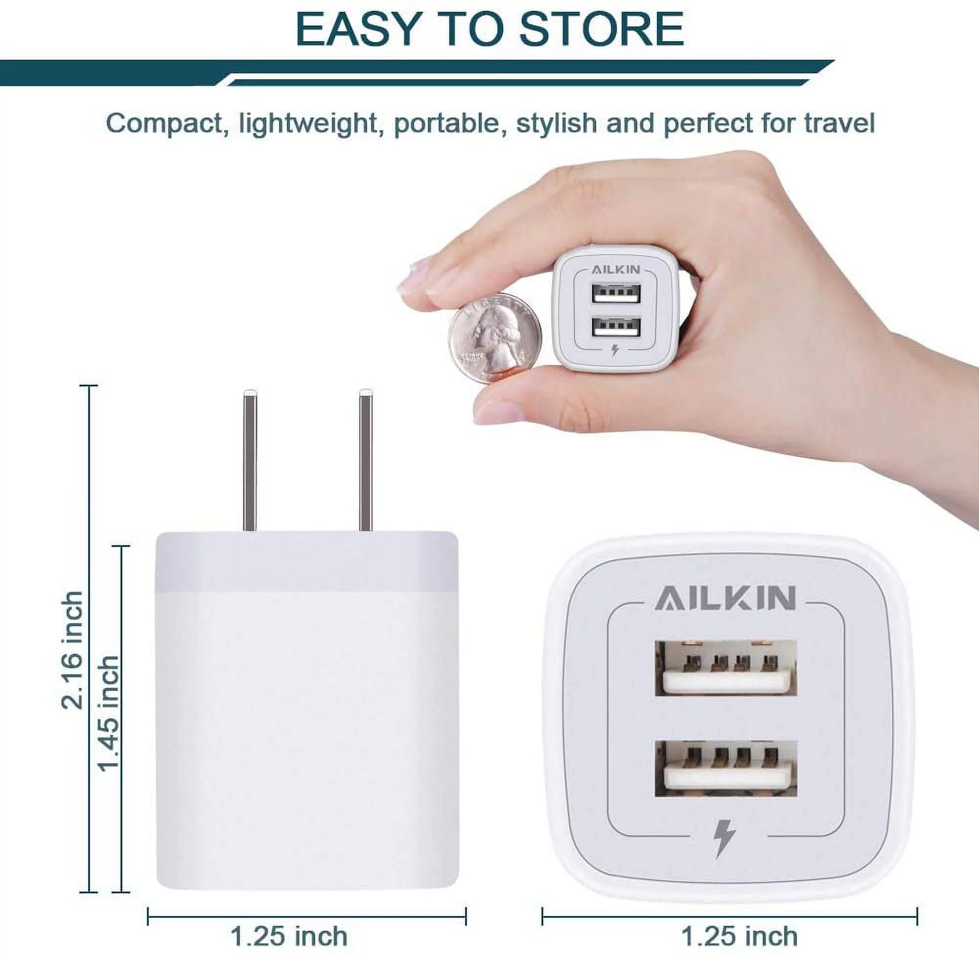 AILKIN Compatible with Iphone Charger Fast Charging with 2Pack Usb a Light-Ning Cables 6Ft Cords 2.1A Dual Port Charger Blocks Compatible with Iphone 14/13/12/11,White