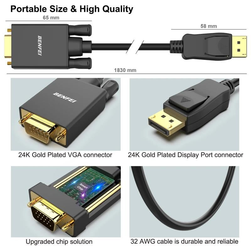 Displayport to VGA 6 Feet Cable, Uni-Directiona