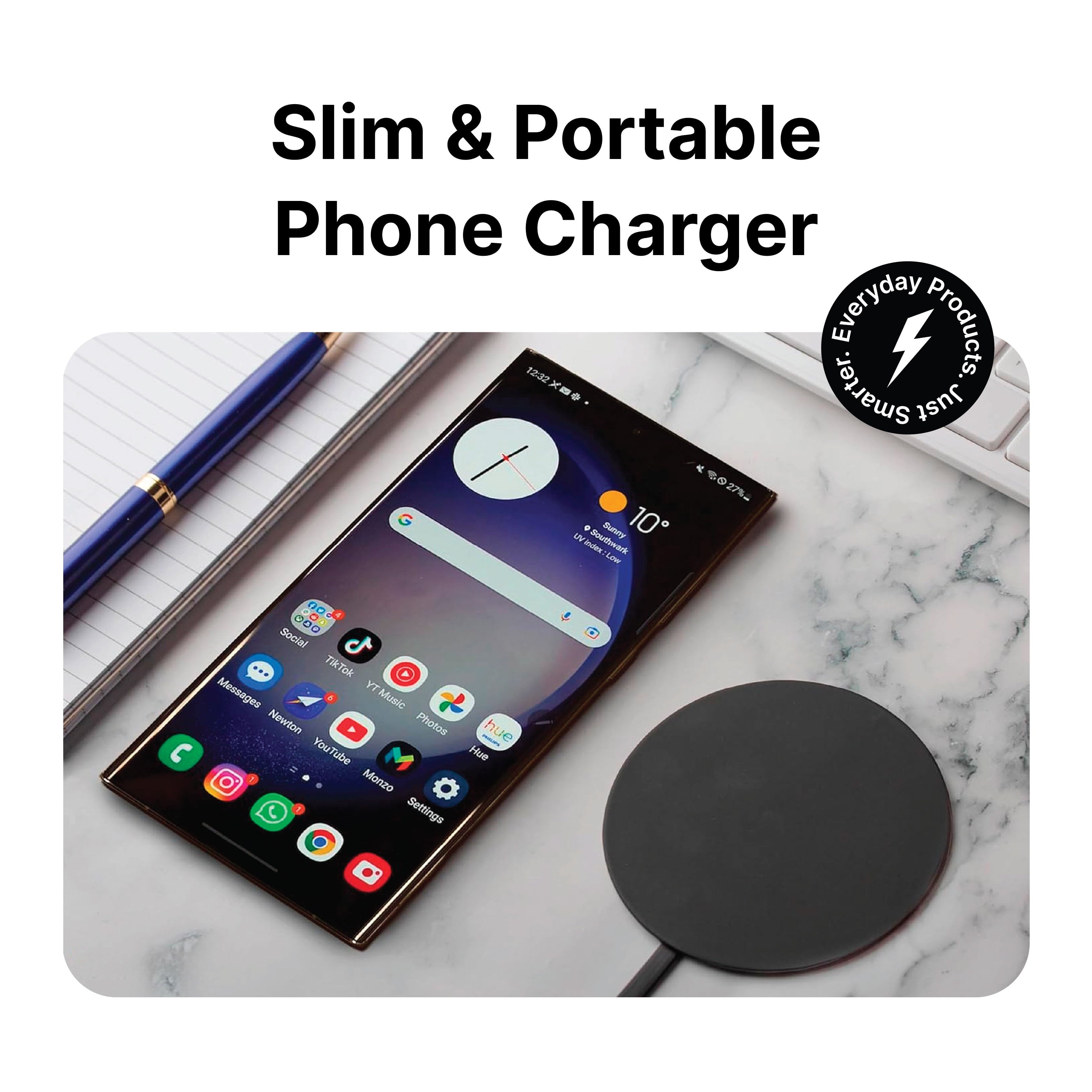 IJS Fast Wireless Phone Charger for Qi Enabled Devices - Ultra Slim Universal round Charging Pad Compatible with Multiple Mobiles - Black