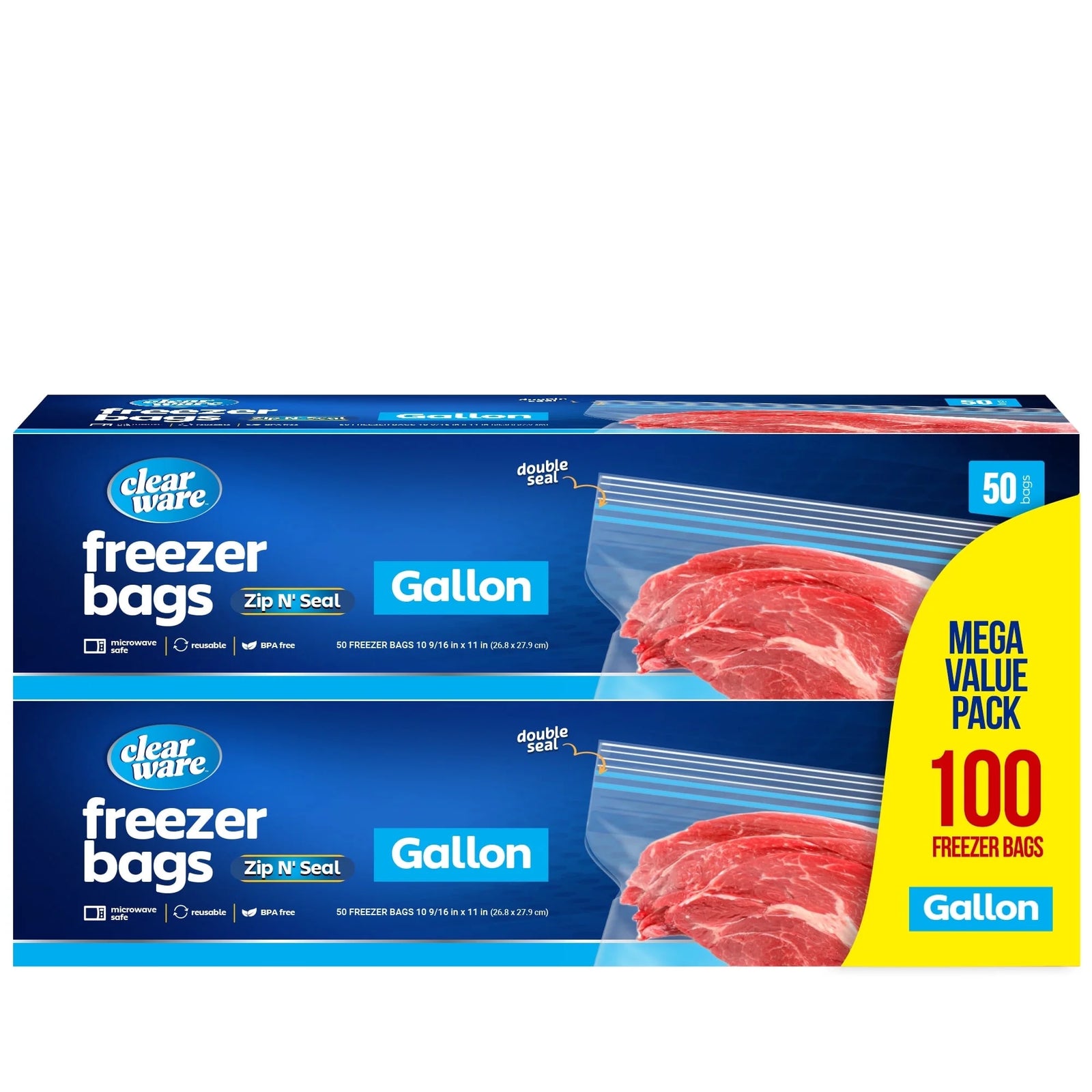 1 Gallon Freezer Bags, Double Zipper Seal - 100 Count, 2 Pack