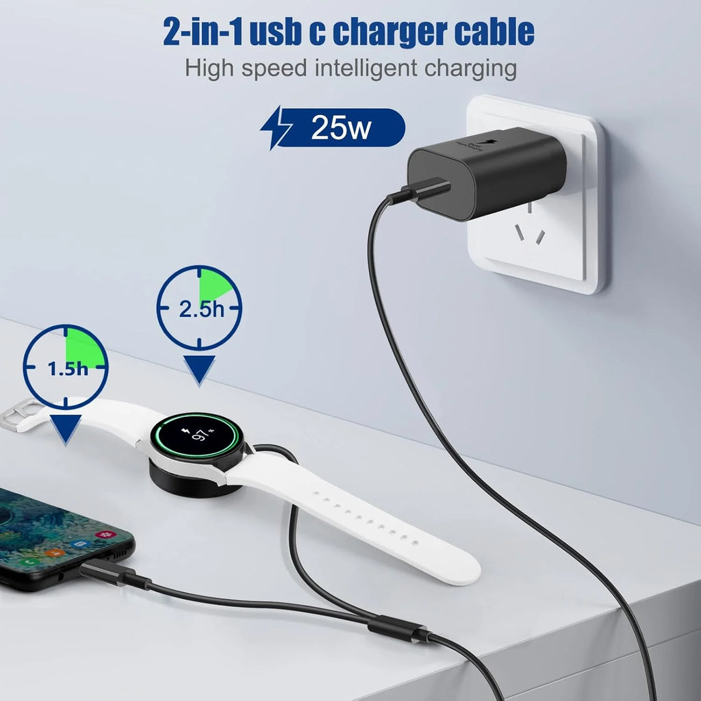 2 In1 Samsung Watch Charger,25W USB C Fast Charger Compatible with Galaxy Watch 7/6/6 Classic/5 Pro/5/4 /4 Classic/3/Active2/1 and Galaxys24/S23 /S22/21/20 Note/Z Fold 6(6Ft)
