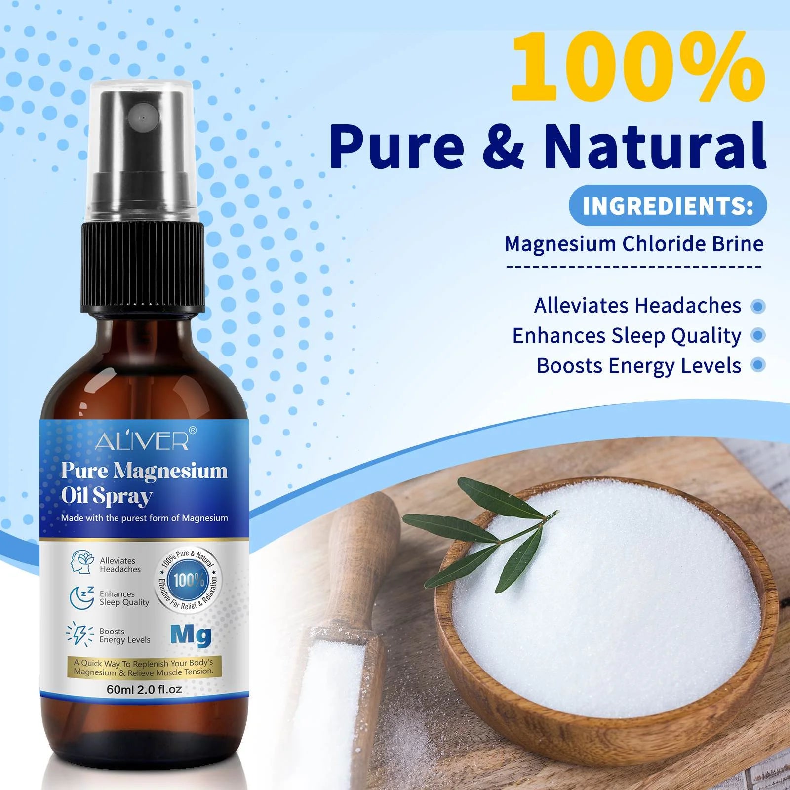 Aliver Pure Magnesium Oil Spray for Stress Relief & Healthy Skin, 100% Natural, 2.0 Fl.Oz