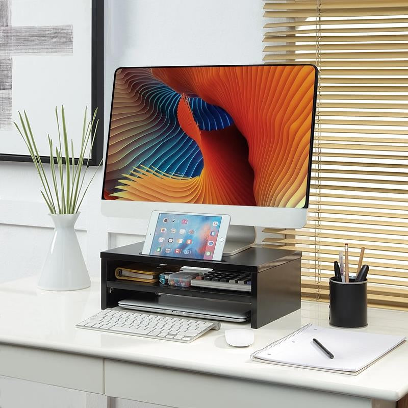 2-Tier Wooden Desktop Riser with Pad Holder,Monitor Stand Riser with Storage Org