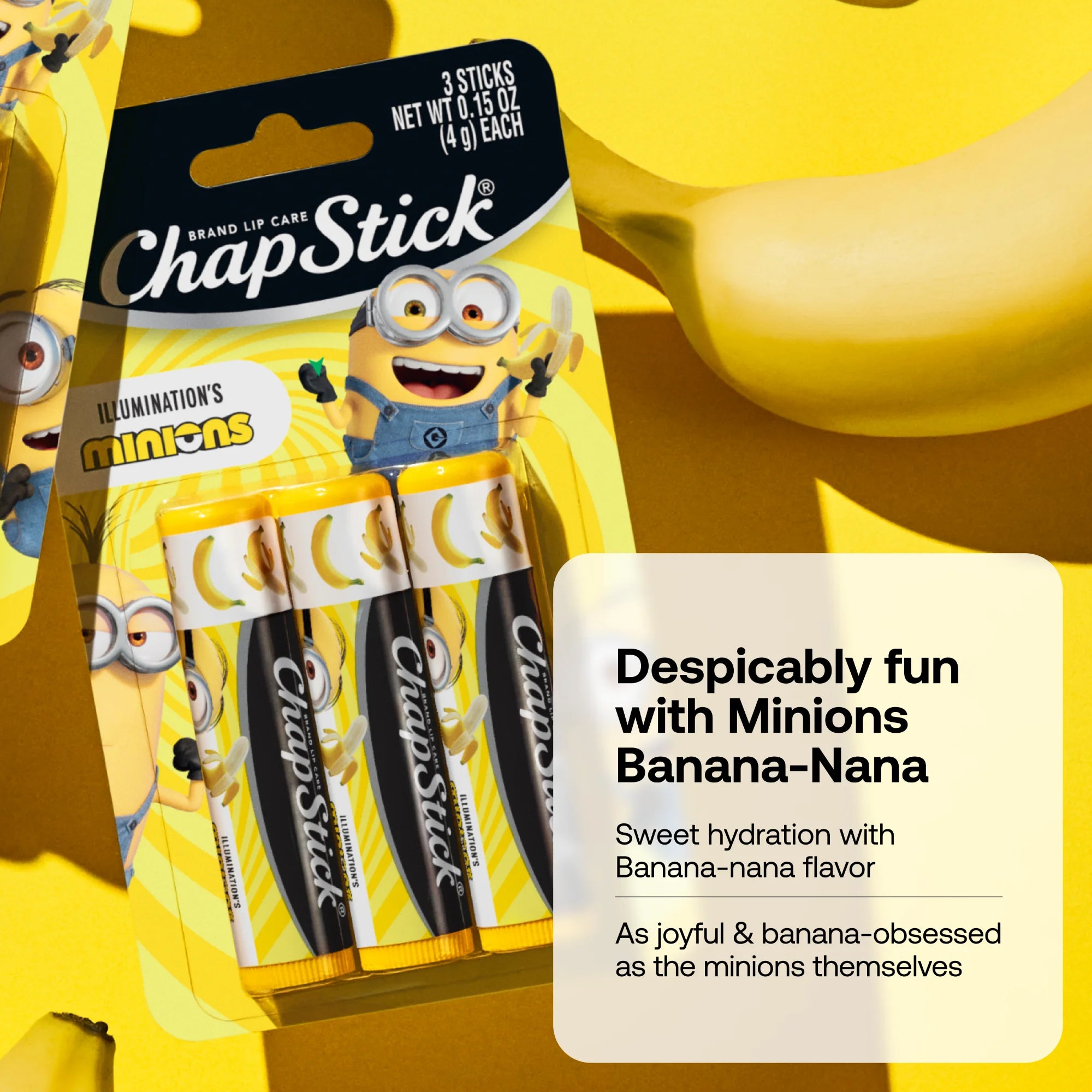 Chapstick Minions Banana-Nana Lip Balm, Banana Flavor, Moisturizing Lip Care, 3 Pack