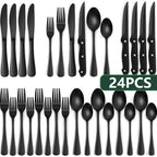 24-Piece Black Silverware Set with Steak Knives, Black Flatware Set for 4, Food