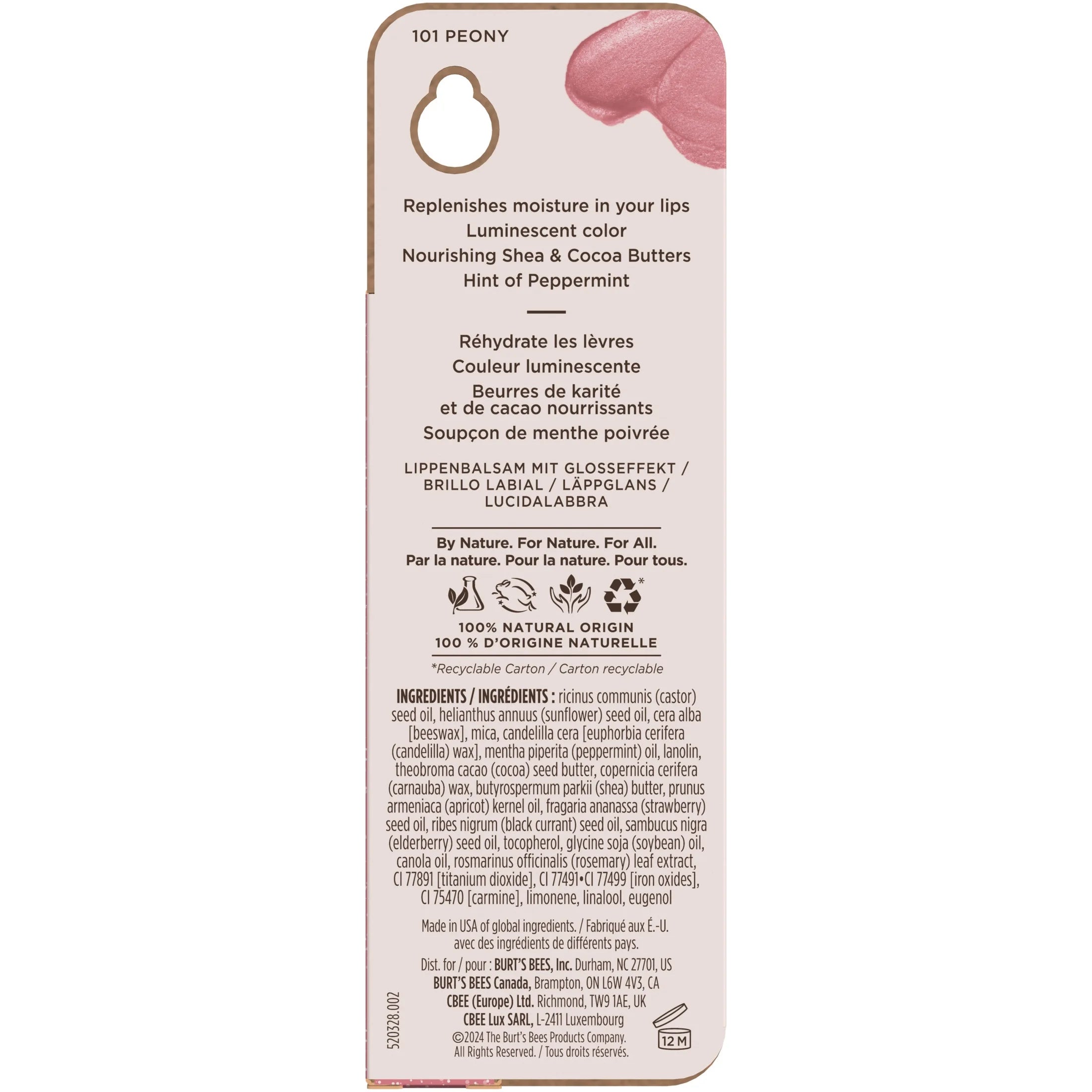 Burts Bees Lip Shimmer Peony; 1 Tube, 0.09 Oz.